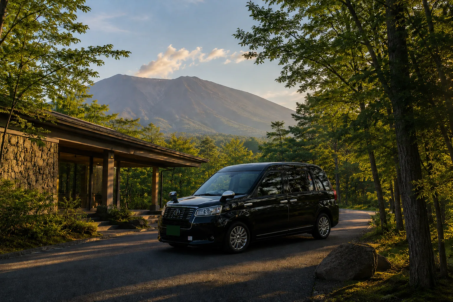 軽井沢の山並みと松葉タクシーの車両