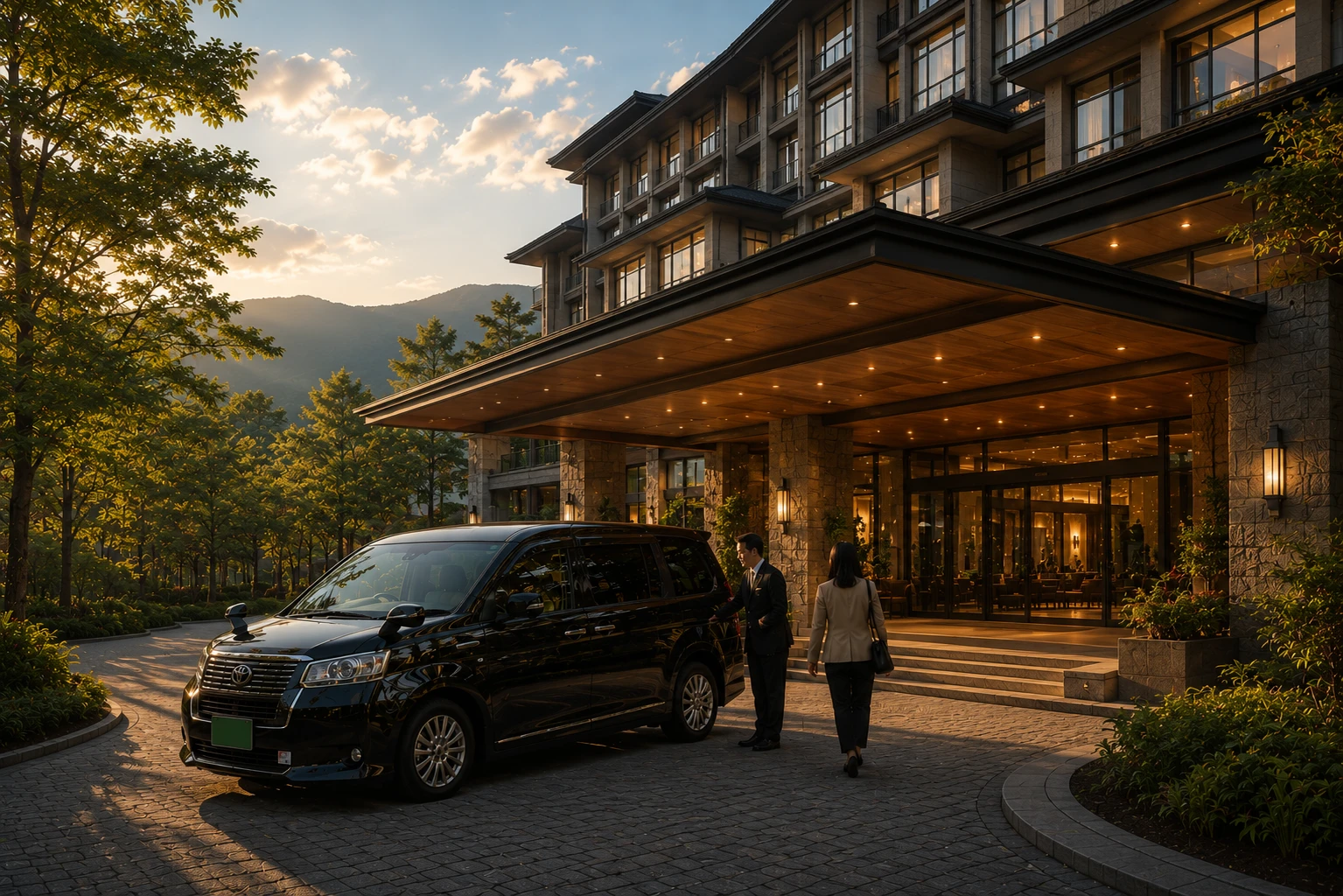 Matsuba Taxi at a Karuizawa hotel entrance at dusk
