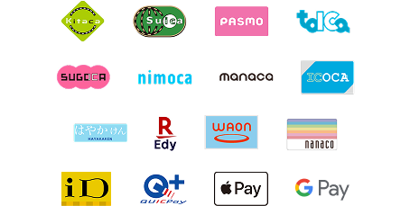 Accepted IC cards and e-money: Suica, Pasmo, ICOCA, Manaca, Kitaca and more