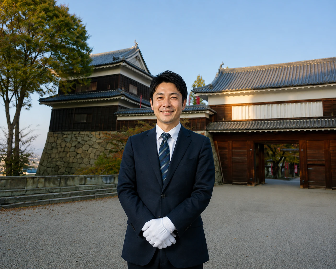 上田城を背景に立つ松葉タクシー上田営業所のドライバー